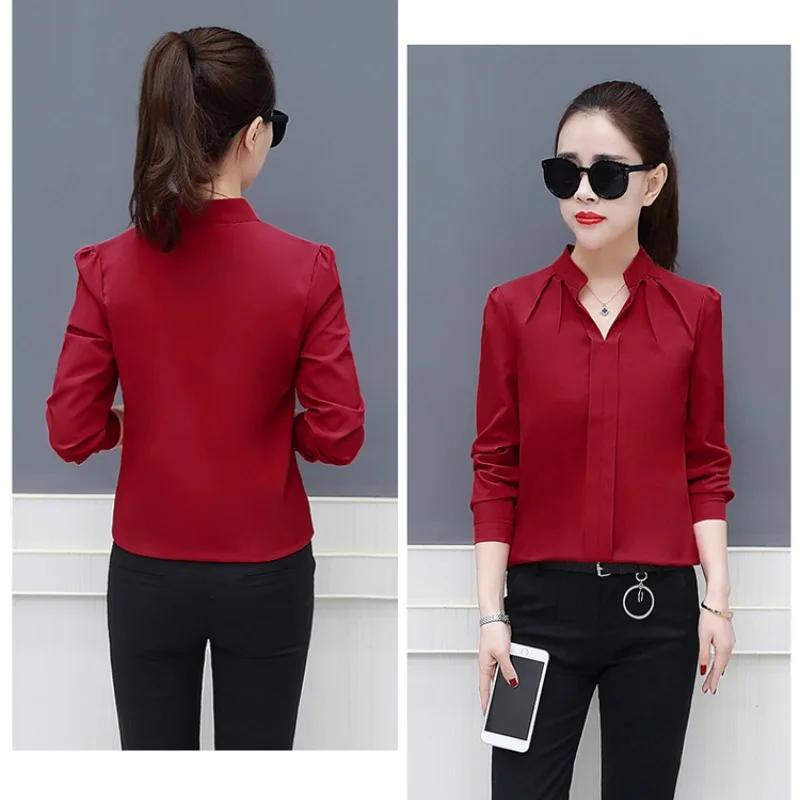 Spring And Summer Classic Long Sleeved Chiffon Stylish Blouses Fashion Work Loose Tops V Neck Slim Fit Formal Casual Shirts