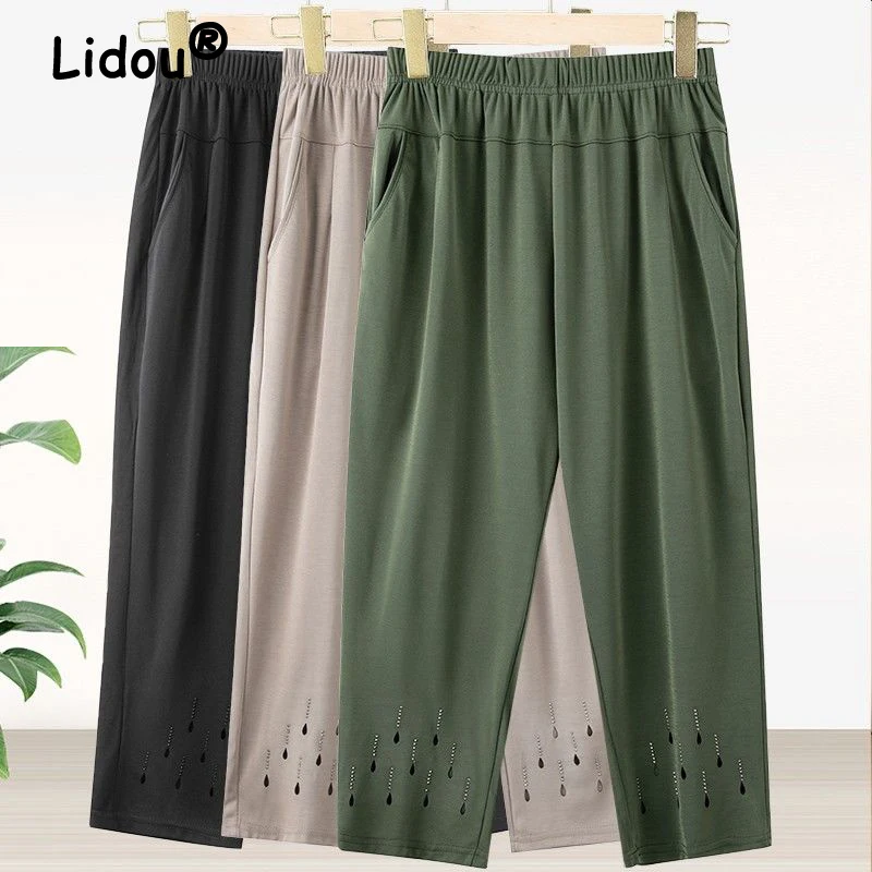 

Middle Aged Elderly Women's Clothing Summer Fashion Hollow Rhinestone Thin Pants Ladies High Waist Solid Loose Straight Trousers