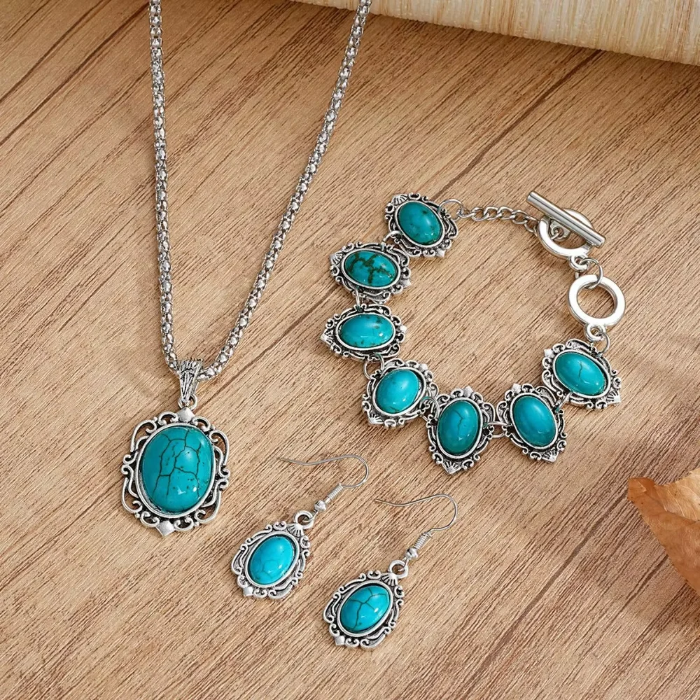 

4Pcs/Set Vintage Boho Turquoise Jewelry Set Electroplating Euramerican Style Necklace Bracelet Earrings Set Alloy Classic