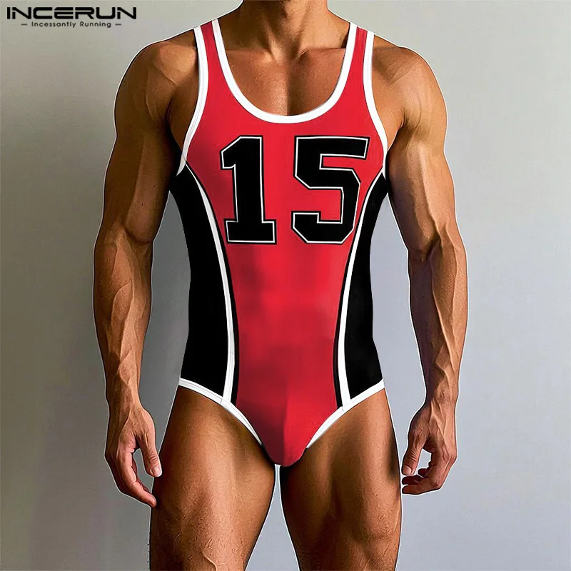 INCERUN, monos para hombre con estampado de cuello redondo, sin mangas, entrenamiento elástico, peleles para hombre, monos, mono informal de moda 2025, S-3XL para hombre