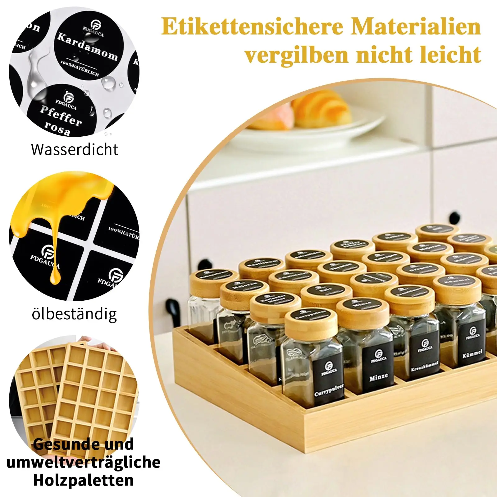 Natural Bamboo Spice Rack With 24 Square Glass Spice Jars And 180 Black Labels, Spice Organizer For Easy Move