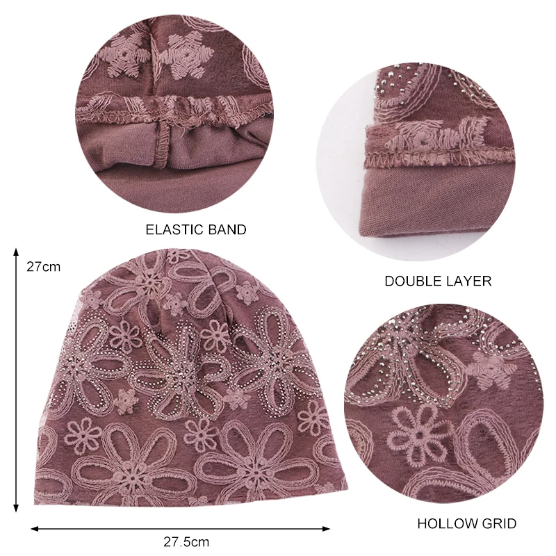 Muslim Lace Women Floral Pullover Turban Hat Flower Elastic Chemo Hijab Caps Baggy Beanies Femme Hair Loss Hats Headwear Wrap