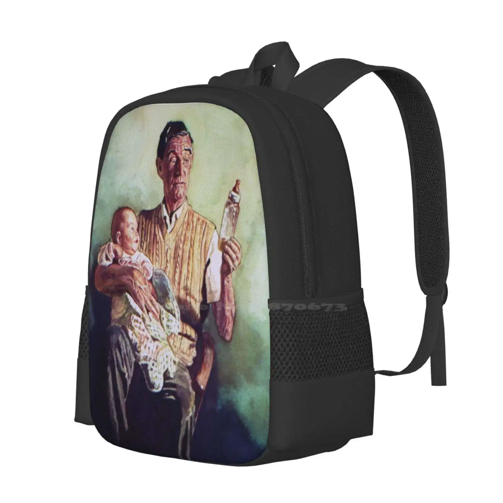 حقيبة ظهر مدرسية للكمبيوتر المحمول للسفر بتصميم أنيق من Babysitting Baby Gouache Grandfather Portrait Face Cute Family #2