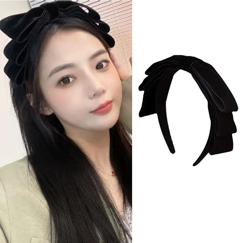 Korean version of the new velvet velvet headband women\'s wide-brimmed high-end black oversized bow autumn winter headhoop hair