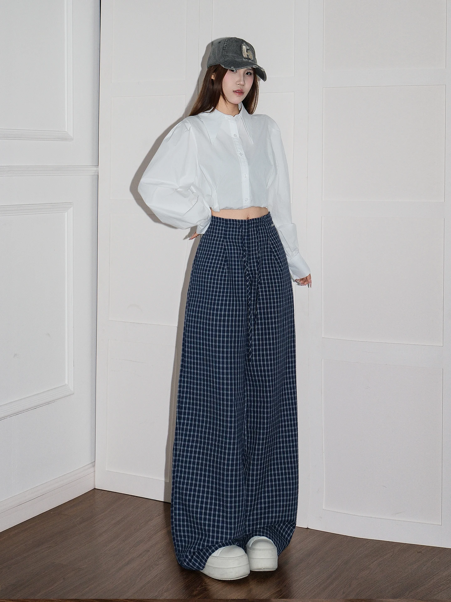 Loose Wide Leg Casual Pants Women's High Waist Straight Tube Long Trousers Summer New Style Drawstring Slimming Check Design
