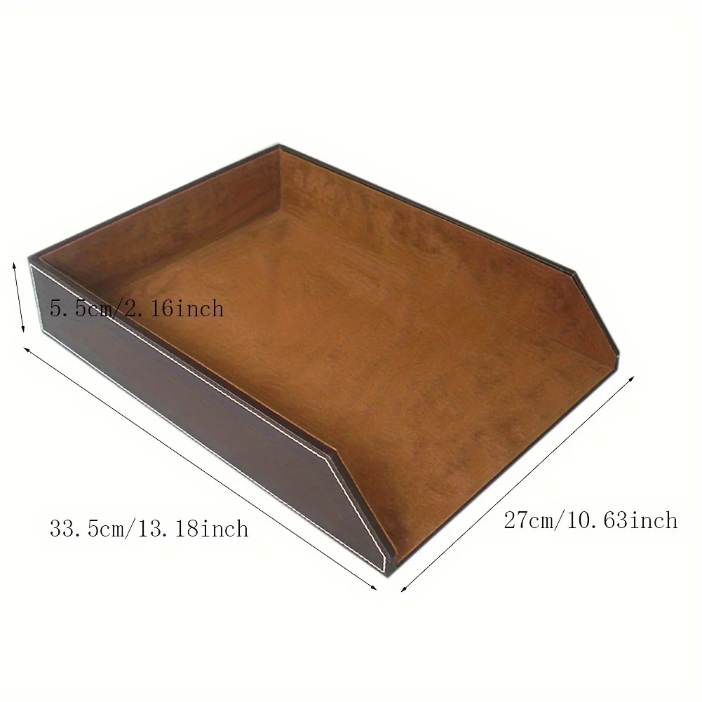 

1pc Coffee-colored Plain Single-layer File Tray Made Of PU Leather For Desktop File Storage
