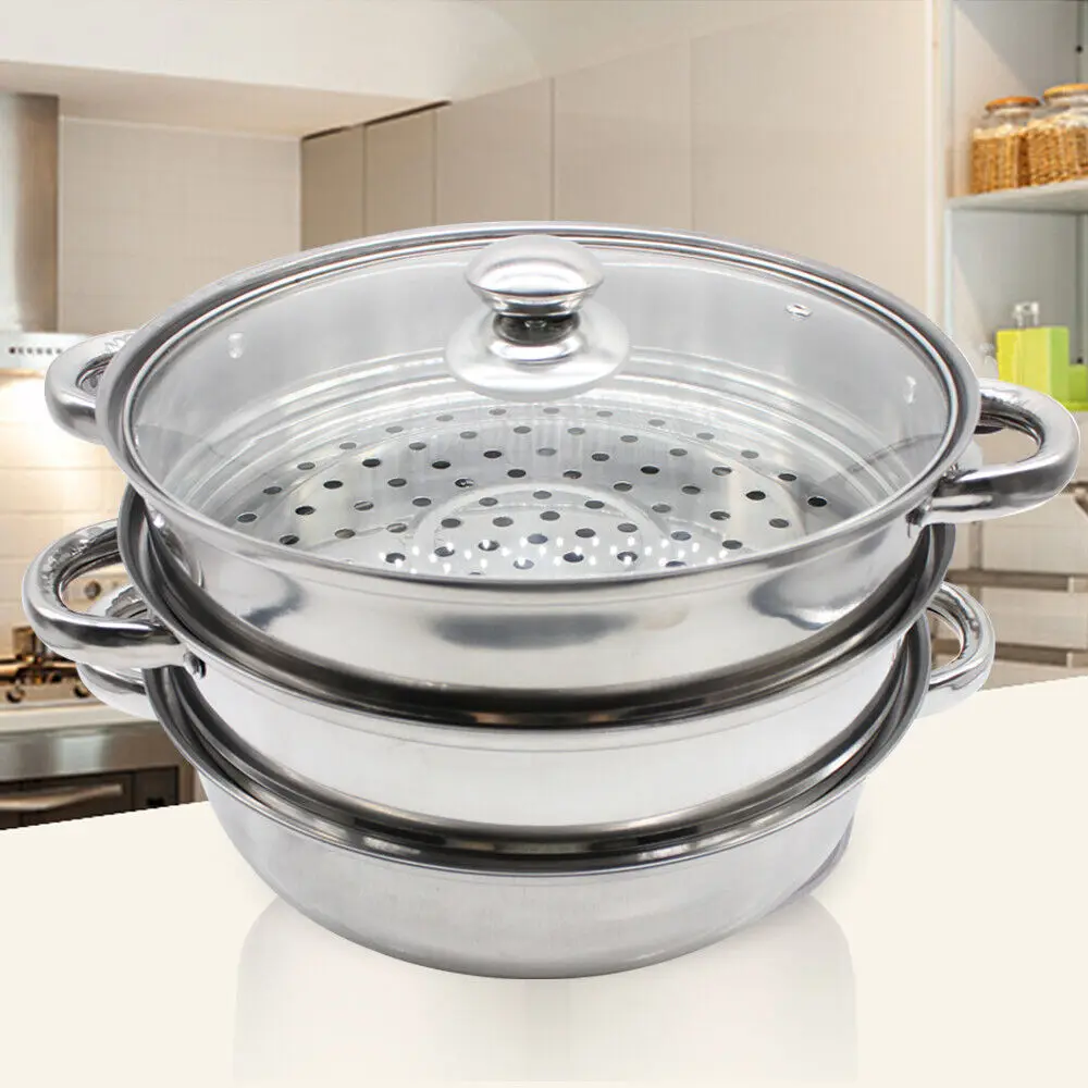 3 Tier Steamer Hot Pot Stainless Steel Cooker Steam Pot Food Cooking + Glass Lid