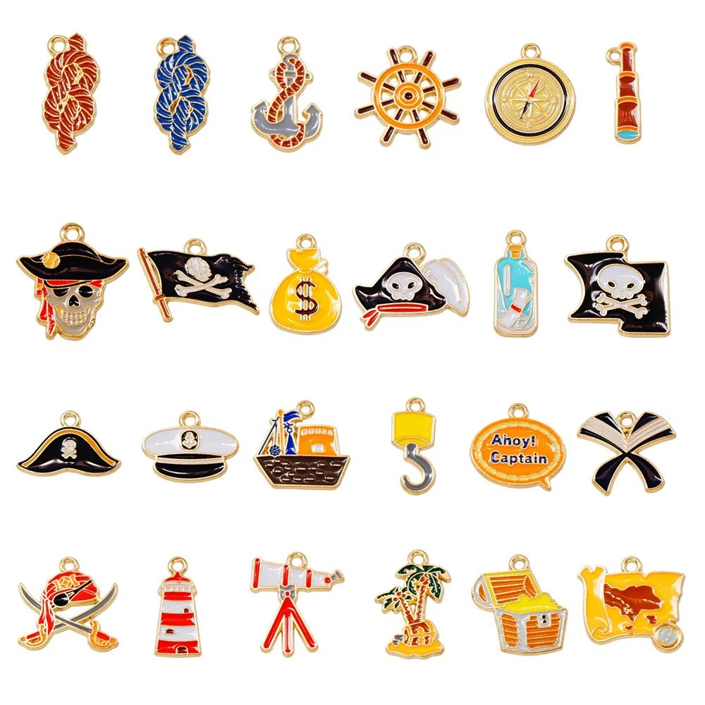 10/14/24PCS Mixed Enamel Pirate Theme Charms Alloy Halloween Skull Anchor Ship Pendants for Bracelet Earrings DIY Jewelry Making