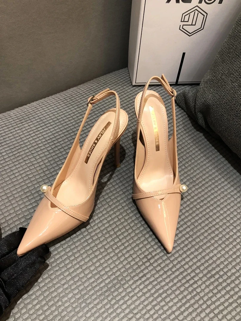 New style one line with pearl patent leather pointed high heels, slim heel, nude color, versatile light mouth women's shoes sexy