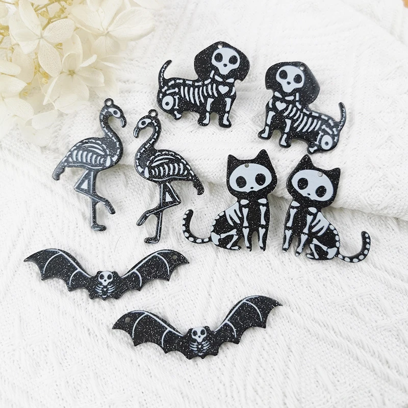 

MuhNa 10pcs Halloween Skull Bone Cat Flamingo Bat Dog Acrylic Charms Glitter Shiny Animal Pendant Jewelry Making Craft DIY