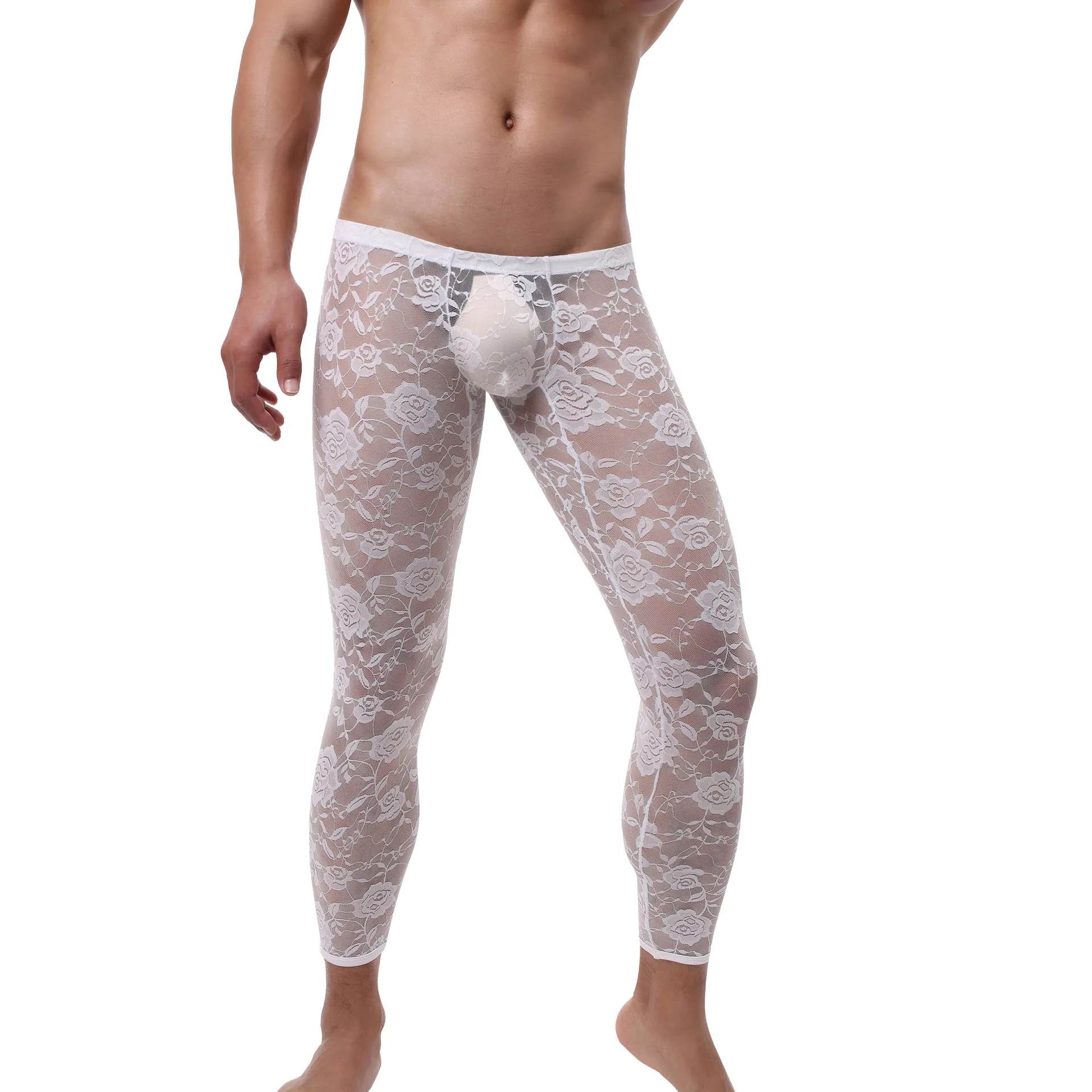 Männer Lange Hosen Sexy Spitze Transparent Printd Sexy Homosexuell Unterwäsche Männer Enge Legging Lange Unterhosen Dünne Fitness Reiten Schlaf Bottoms