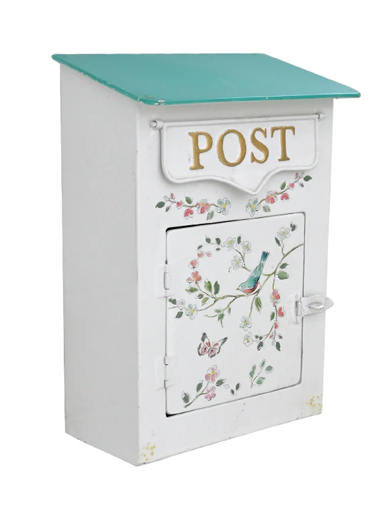 Garden Outdoor Mailbox, Metal Iron Post Box,European Style Vintage Letter Box, Size 22.5*12.5*31.5H CM, White Bird,Villa Family