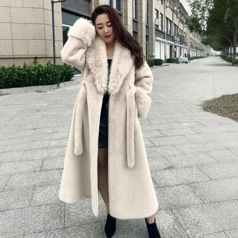 Women's Faux Fur Coat with Belt Casual Leopard Overcoat Fashion Warm Women Clothing Imitation Fox Big Fur Collar Long Jackets