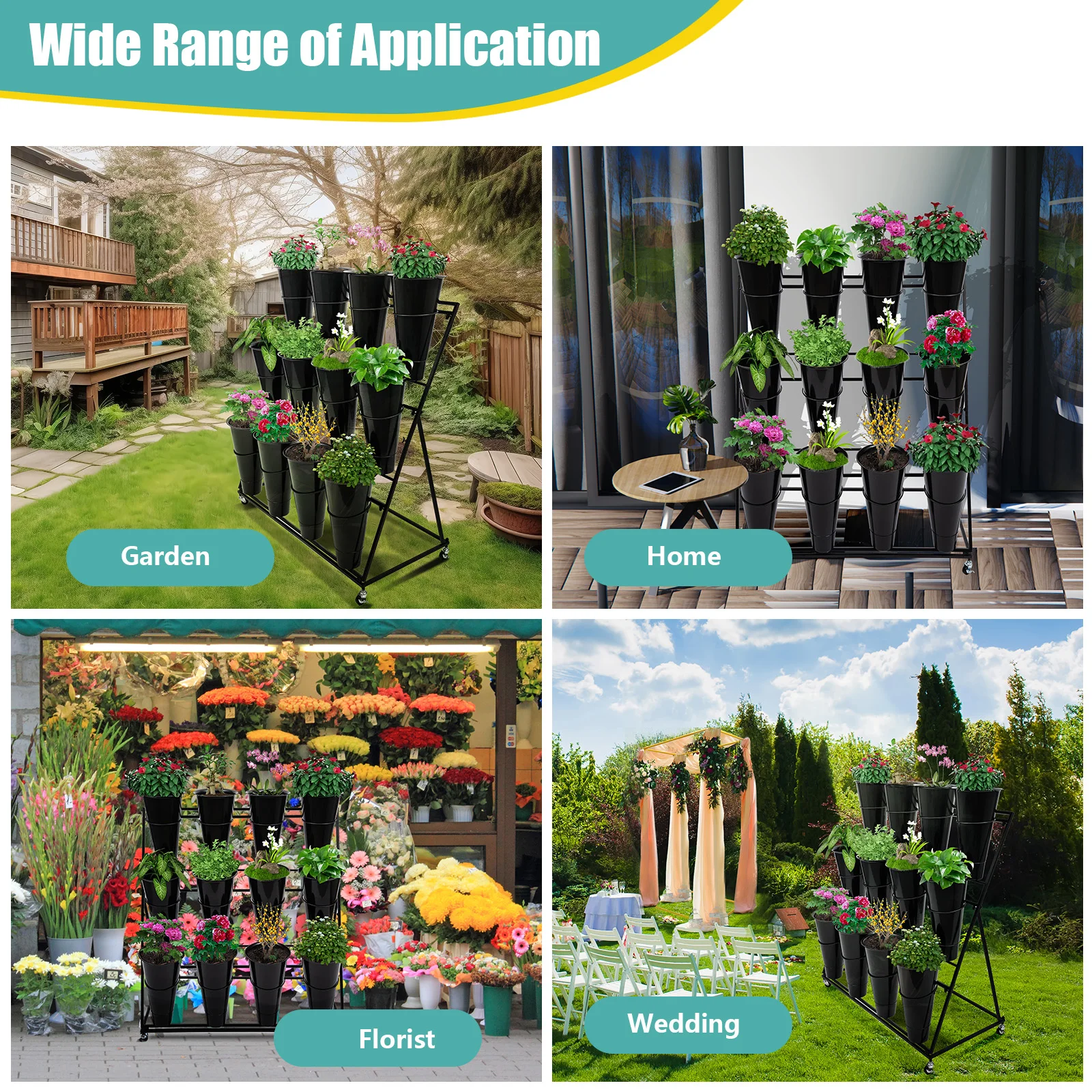 Flower Display Shelf- 12 x Buckets 3 Layers Metal Plant Stand with Wheels Flower Vase Rack Black