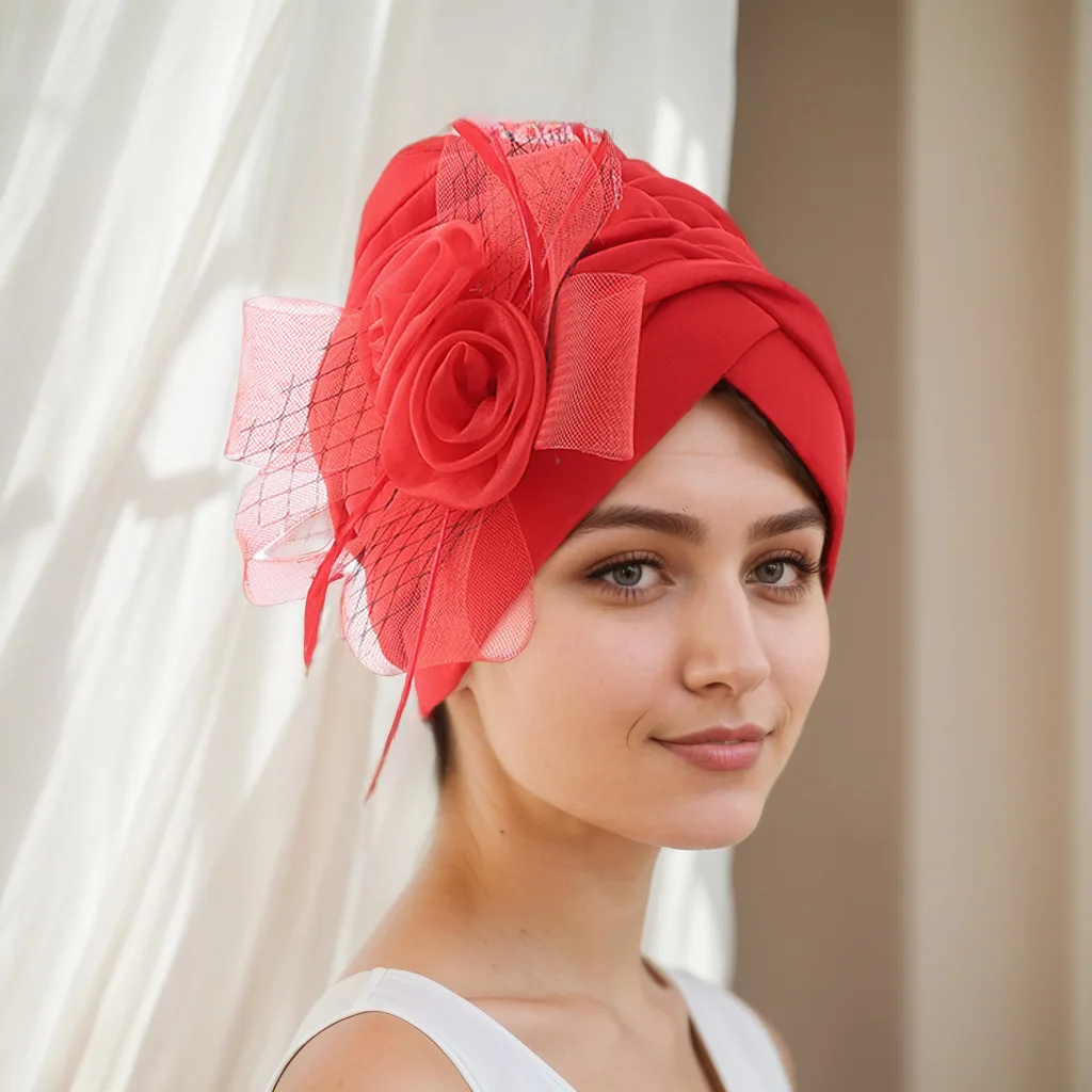 Turban à Plumes et Fleurs pour Femme Musulmane, Couvre-chef, ixde Mariage, Sauna, Chapeau, Accessoires pour Cheveux