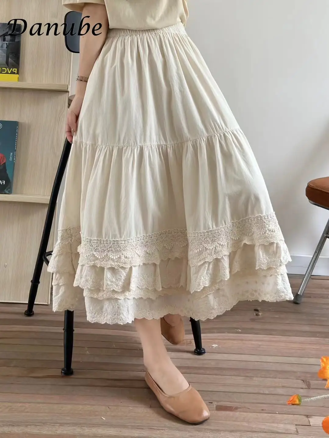 

Vintage Ruffled Cotton Linen Midi Skirt Women Japanses Mori Girl Lolita A-Line Pleated Skirt Sweet Fairy Kawaii Cake Skirt Femal