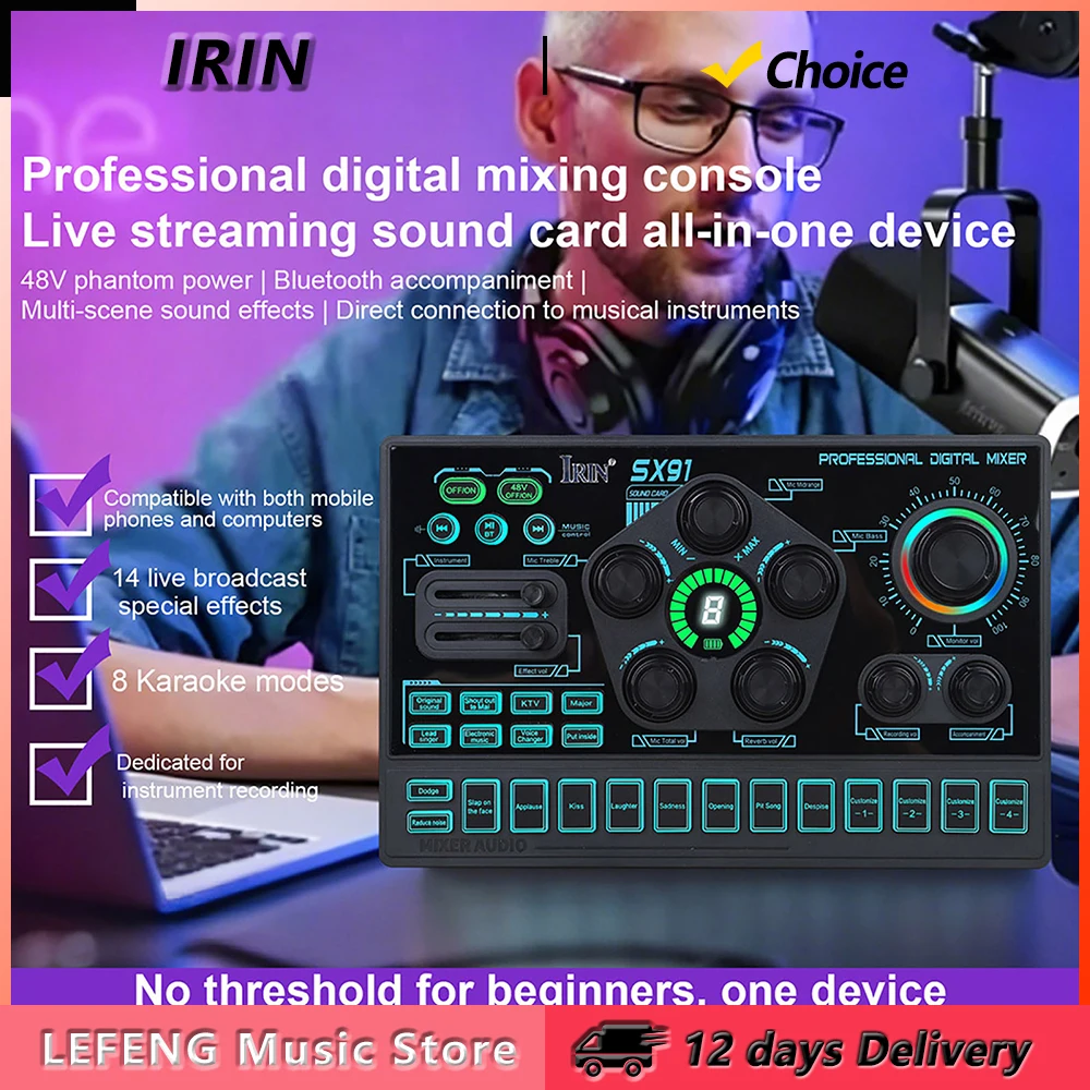 IRIN Audio Mixer Sound Card with Voice Changer Podcast Mixer Sound Card for Phone Gaming Karaoke Studio Live Streaming Podcast