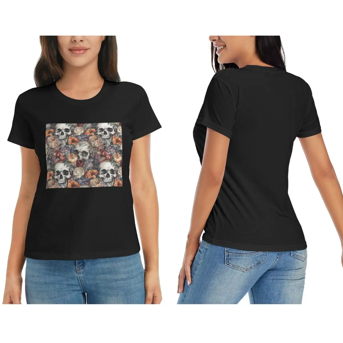 Vintage Floral Skull Roses T-Shirt for Women O-Neck Streetwear T Shirts Women's Tees Short Summer Clothes Tops