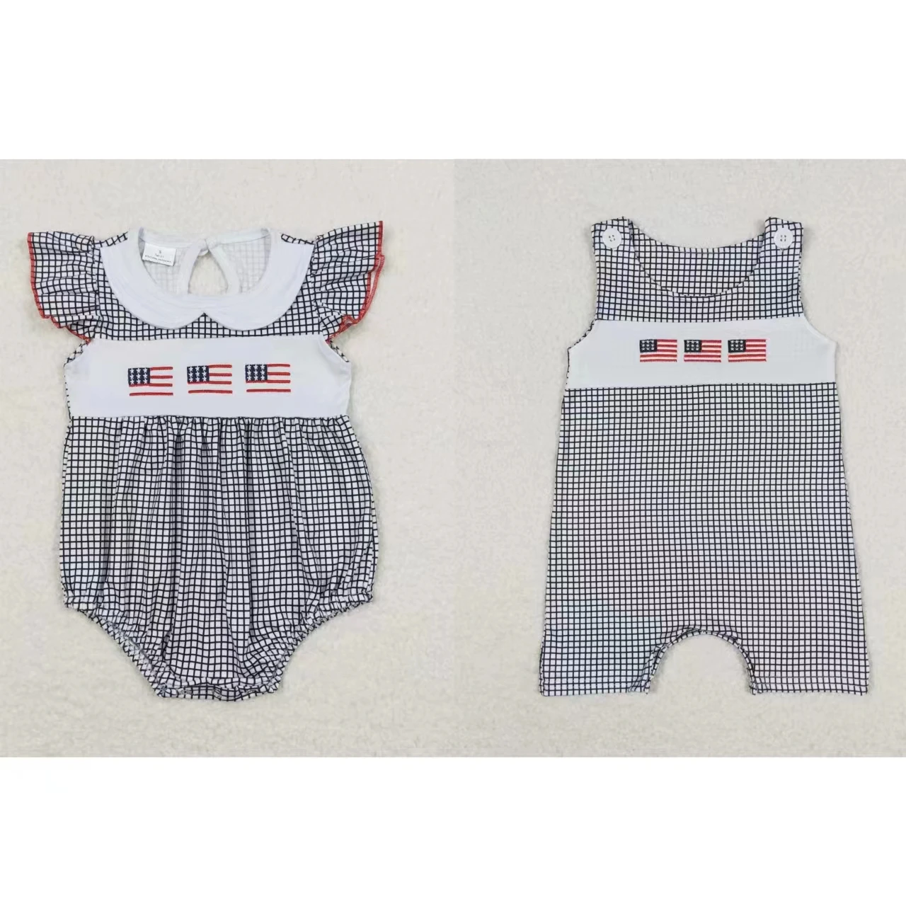 

Wholesale Kids Children Short Sleeves Overall Baby Boy Girl Embroidery Flags Romper Newborn Toddler Plaid July 4th Jumpsuit