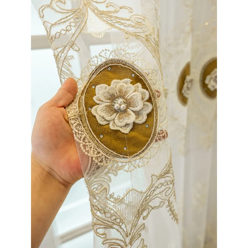 Custom Size European-style Beaded Embroidered Window Screen with Sunscreen Curtains for Living Dining Room Bedroom White Tulle