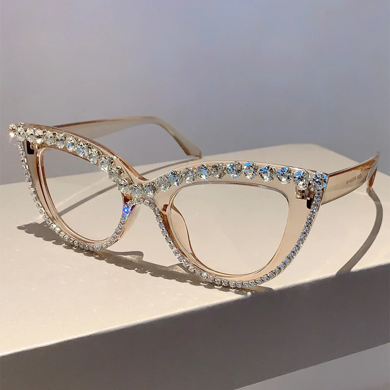 KAMMPT Retro Cat Eye Glasses With Rhinestones for Women 2024 New Stylish Trendy Luxury Brand Designer Oversized Spectacles