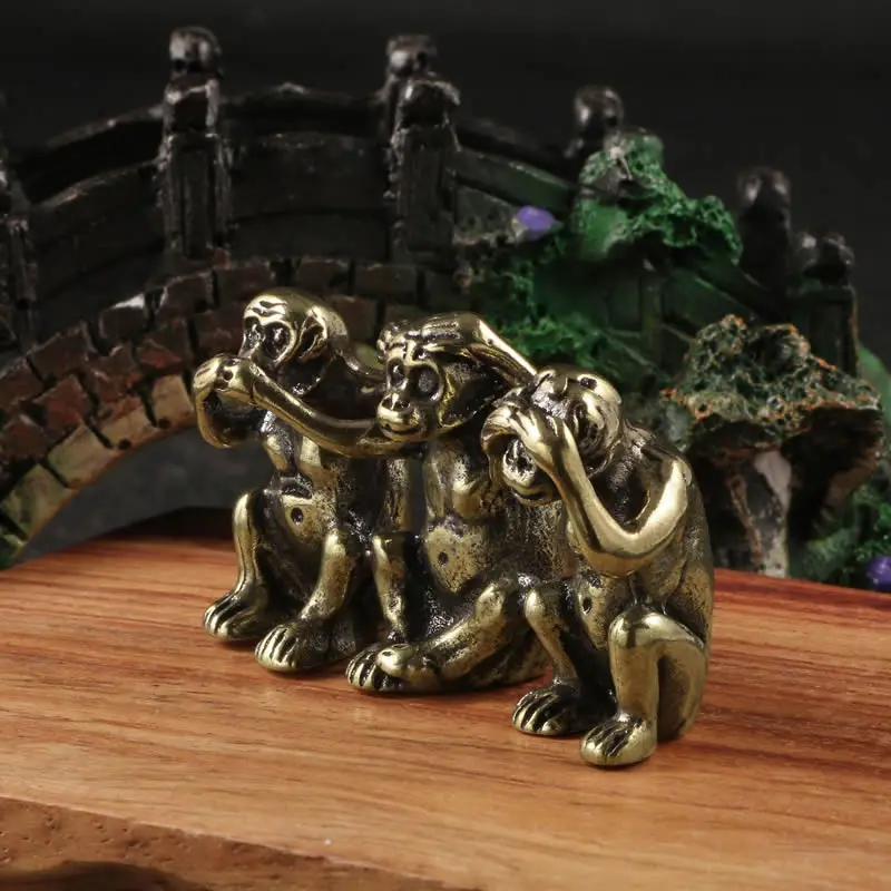 Mini süße Retro Messing 3-Monkeys No Speak Hören Look Statue Tier Skulptur Home Office Schreibtisch dekorative Ornament lustiges Geschenk