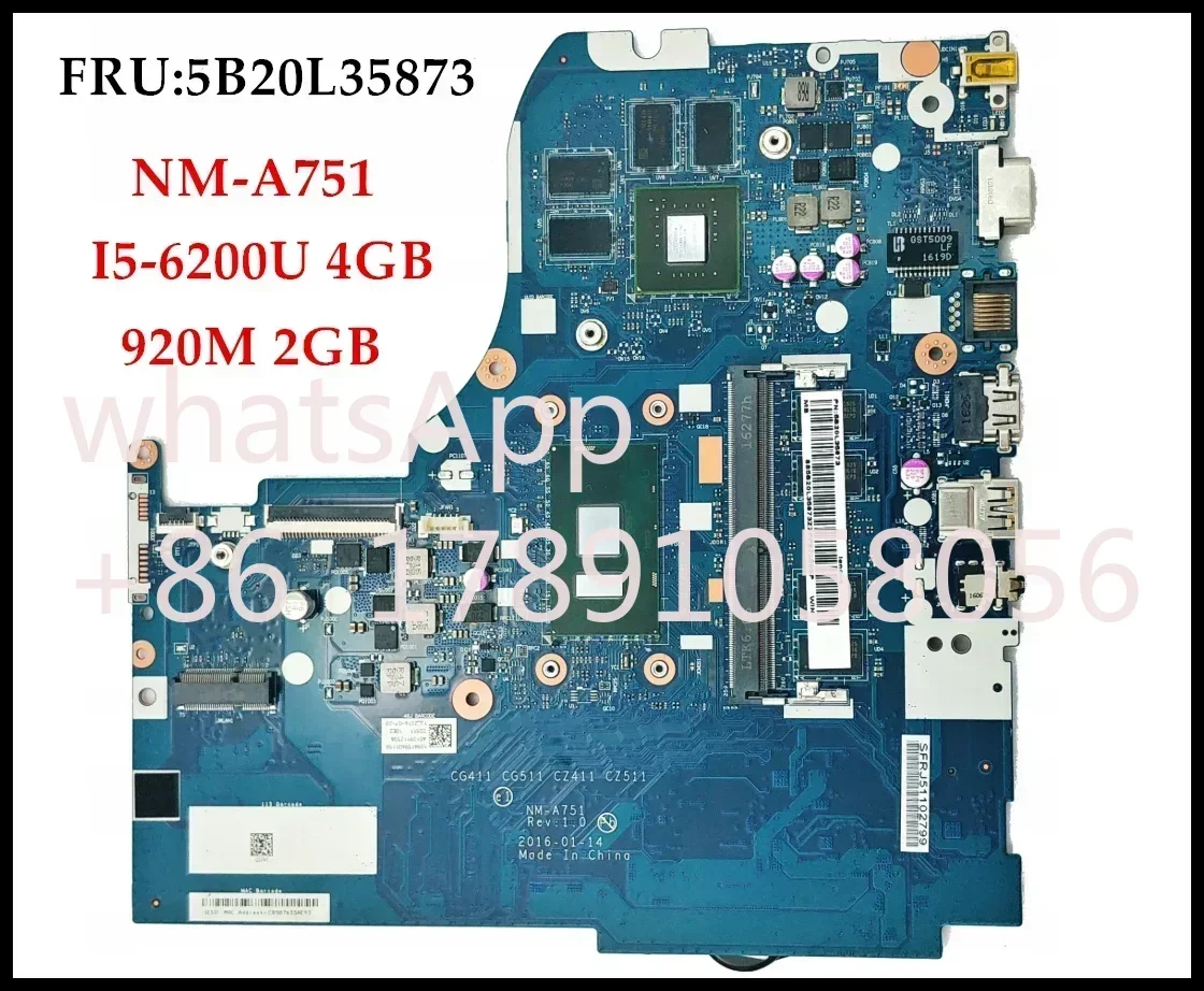 Second hand NM-A751 forLenovo Ideapad 310-15ISK Laptop Motherboard FRU:5B20L35873 SR2EY I5-6200U DDR4L 4GB 920M 2GB Fully Tested