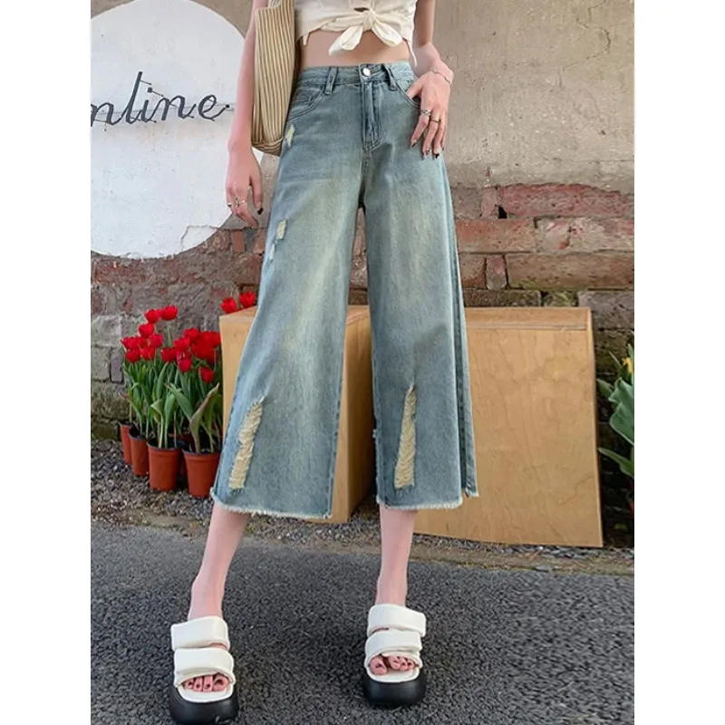 

Ripped High Waist Retro Jeans Women's Korean Style Cropped Straight Pants Trend Clothing Aesthetic Wide Woman Baggy Clothes Y2k