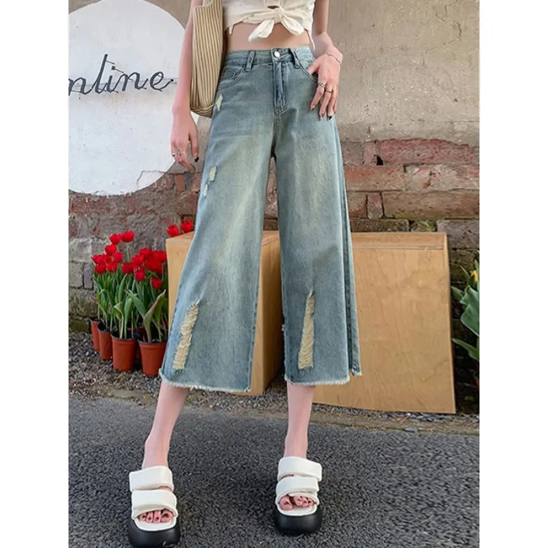 Zerrissene Retro-Jeans mit hoher Taille, koreanischer Stil, kurz geschnittene, gerade Hosen, Trend kleidung, ästhetische, breite Frau, baggy Kleidung y2k