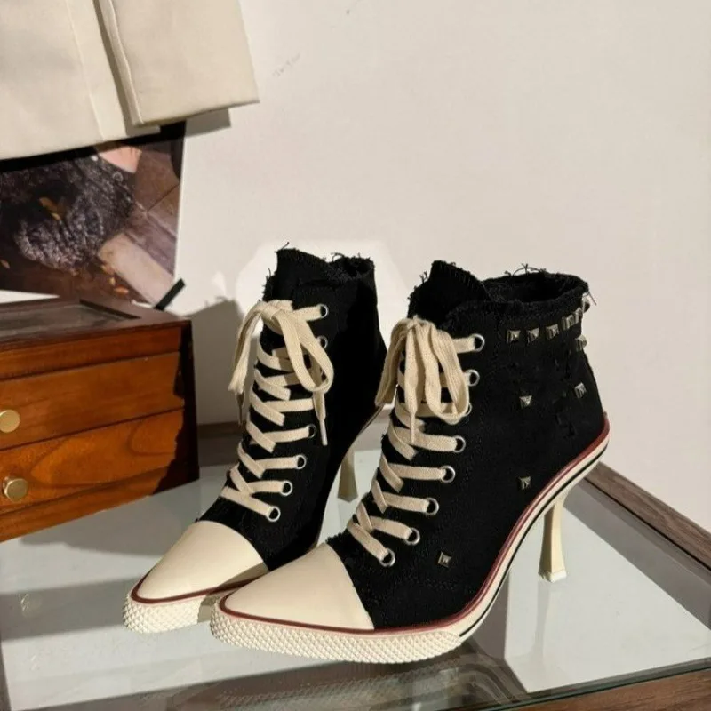Sexy Pointed Toe Super High Heel Canvas Shoes Women Autumn 2026 Vintage Distress Camouflage Canvas Shoes Women Y2K Ankle Boots