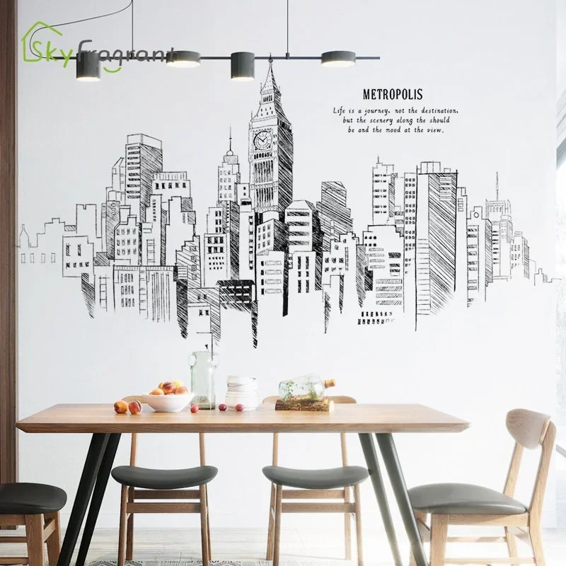 Simple Line Wall Sticker Creative Modern City TV Sofa Background Self-adhesive Home Decoration Porch Living Room Decor Stickers