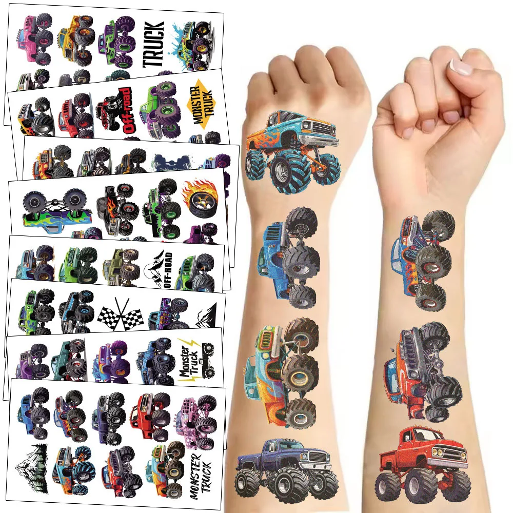 10 sztuk/zestaw Nowe naklejki tatuaże tymczasowe Monster Truck Cartoon Car Wodoodporne tatuaże na zabawne przyjęcie urodzinowe
