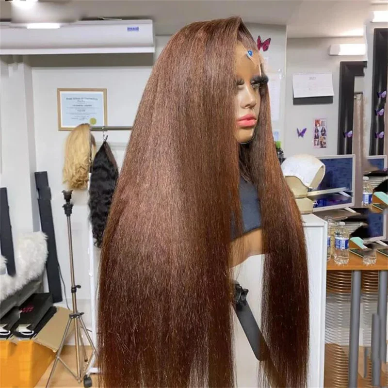 Yaki Kinky Straight Lace Front Wig com cabelo de bebê para mulheres, macio, longo, marrom, resistente ao calor, pré-arrancado, diariamente, 180 Densidade, 26"