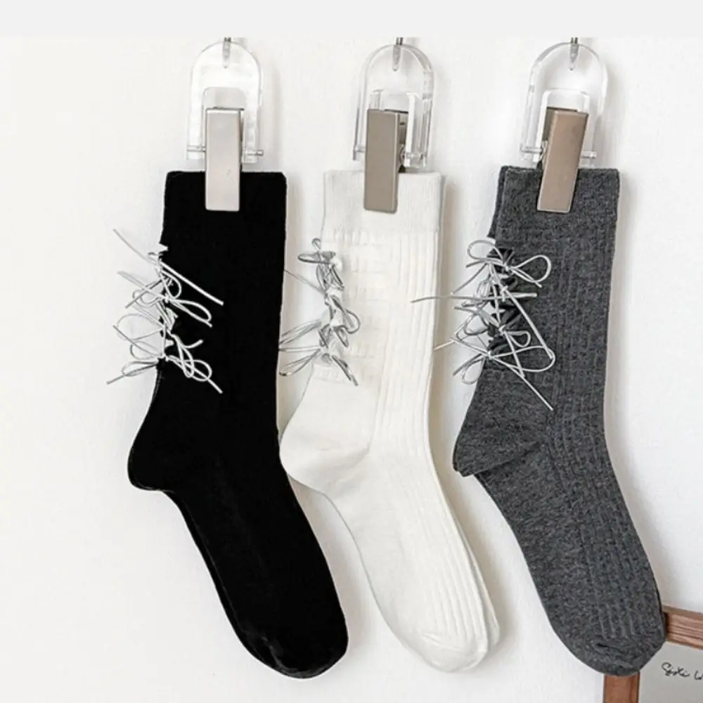 Chaussettes en coton doux pour femmes, Style Ballet ajouré, mi-mollet, couleur unie, Tube moyen déchiré, laçage, été