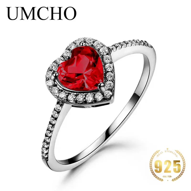 UMCHO  925 silver original women Garnet Heart Love Ring  For Girlfriend Birthday Gift  Luxury Women's Jewerly Diy