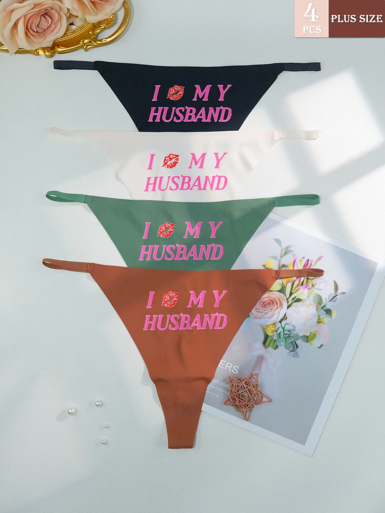 4pcs Women's Sexy Thong Panties - Cute Interesting Text Print Low Waist Underwear,Suitable For Dates.Invisible Women's Lingerie