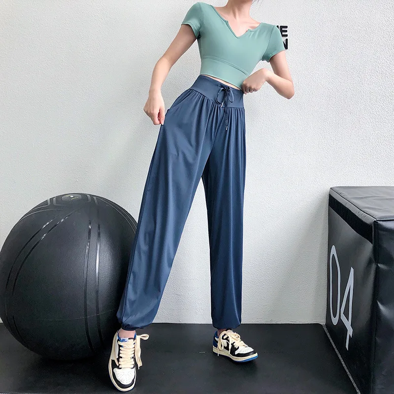 

Jogging Sweatpants Women's Pocket Running Pants Blue Jogger High Waist Gym Sports Pants Casual Loose Female Trousers