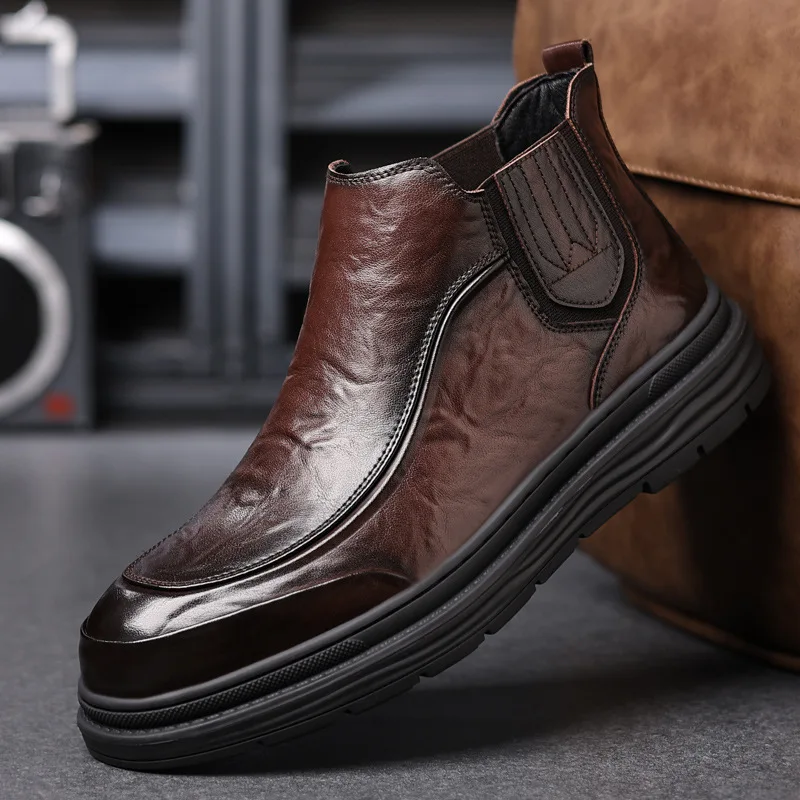 

High-End Genuine Leather Men's Boots 2025 New High-Top Chelsea Boots One-Step-On Cowhide Casual Leather oes for Men