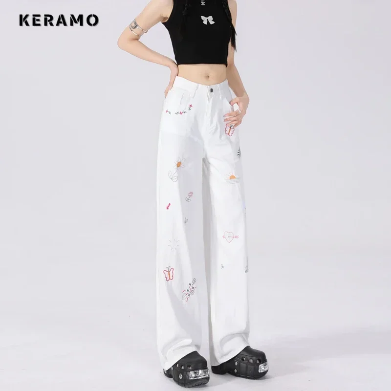 

2024 Autumn Women's Casual Harajuku White Jeans Vintage Print Emo Loose Washed Pants Y2K Wide Leg Elegant Baggy Denim Trouser