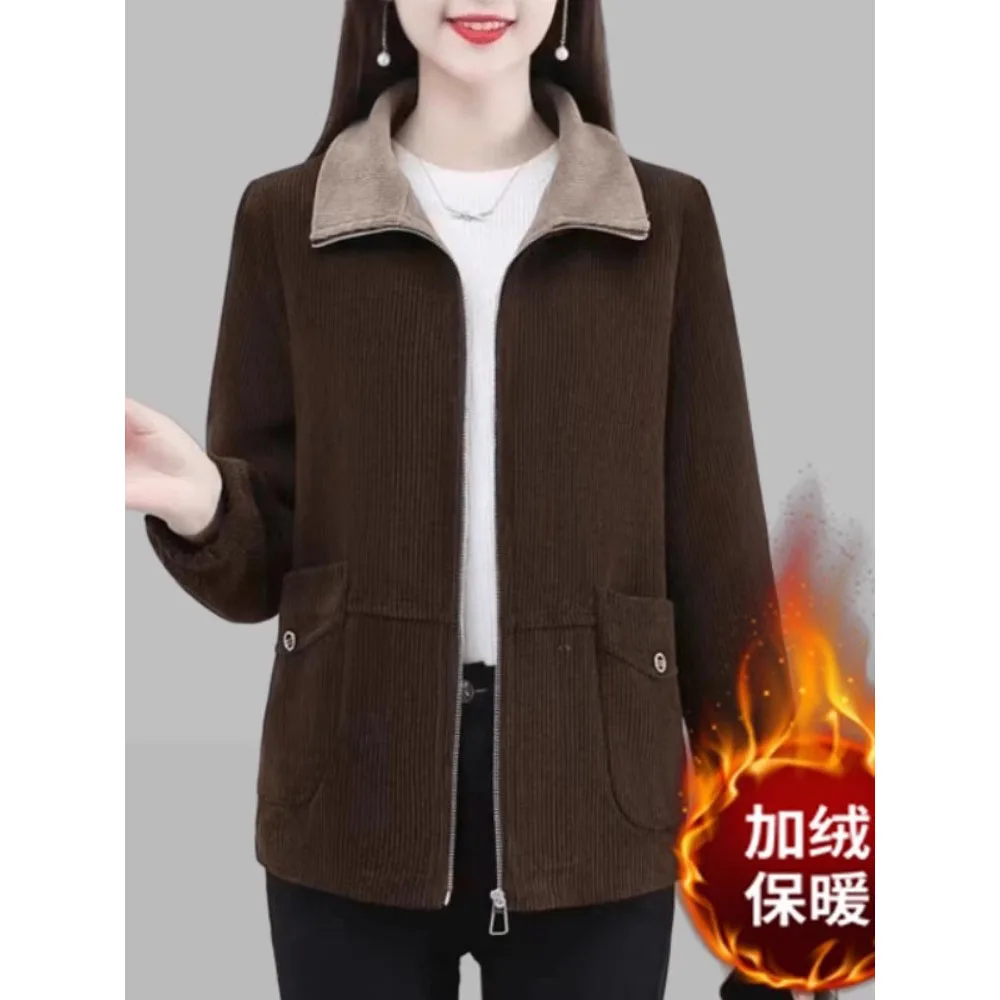 Women\'s Corduroy Short Jacket Autumn Winter New Plush Thicken Warm Coats Middle-aged MotherCasual Zipper Outwear Wild Tops 5XL