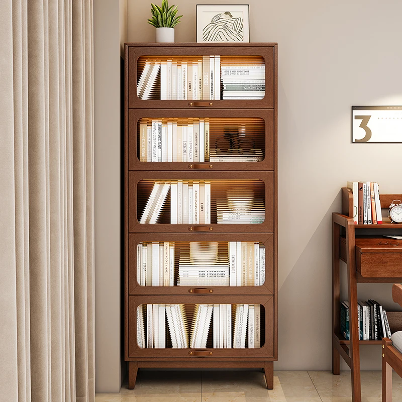 Solid wood dust-proof bookcase with glass door Household living room vertical cabinet Children's bookshelf Floor shelf Integrate