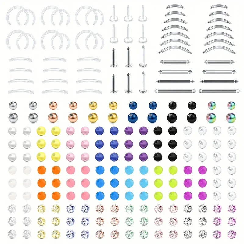 226pcs 16G Stainless Steel & Acrylic Replacement Spare Labret Barbell Bar and Balls Attachments for DIY Body Piercing Jewelry