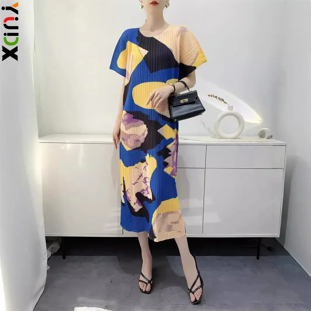 

Fashion Pleated Printed Women's Dresses Medium Long Loose Slim Comfortable Casual Short Sleeve Design Women's 2024 Summer New