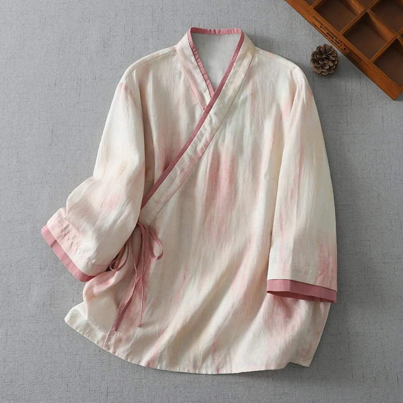 Kimono Cardigan Women - เสื้อคลุมกิโมโนสีชมพูแบบผูกเอว แขน 3/4 ลายมัดย้อมสีตัดกัน สไตล์จีน สำหรับผู้หญิง