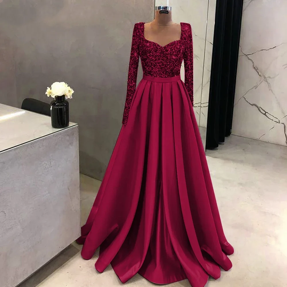 Graceful Sequines Evening Dresses Long Sleeves Ruched A-Line Women Formal Occasion Dress 2024 New Design Satin Vestidos De Novia