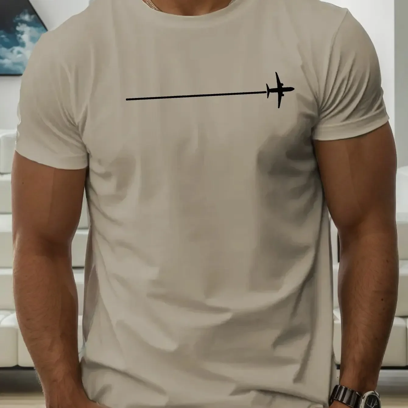 2026 Fashion Men Airplane Flight Route Silhouette T-Shirt Simple Travel Graphic Short Sleeve Casual O-Neck Daily Tops
