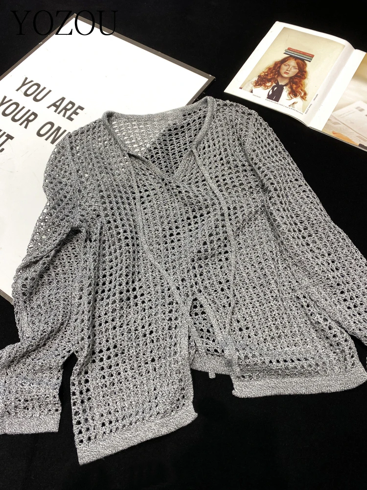 [YOZOU] Autumn Stylish Quiet Luxury Knitwear Knitted Hollow Out Mesh Women Top V-Neck Gray Sweater Jumper Pullovers Korean