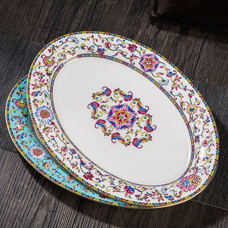 

Gold Stroke Ceramic Fish Plate Chinese Retro Pastel Painted Decorative Plate Ornaments Tangled Flowers Bone China Dessert Dishes