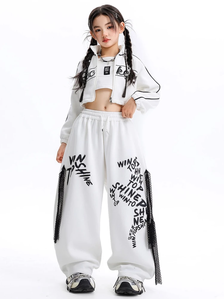Neue Mädchen Jazz Dance Kleidung Set Hip Hop Kostüm Weiße Jacke Baggy Hosen Lange Ärmel Anzug Gruppe Breaking Street Dance Outfits