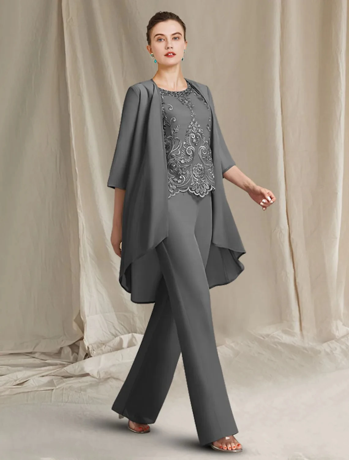 

Grey Pantsuit 3 Piece Suit Mother of the Bride Dress Jewel Beading Lace Chiffon Women Wedding Party Gowns Robe De Soiree 2023